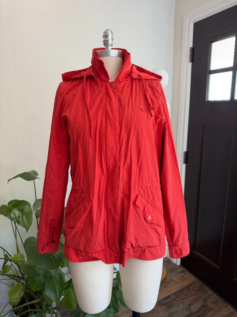 Lacoste Utility Windbreaker Lined Rain Jacket Preppy Coastal Tomato Girl Sz 38